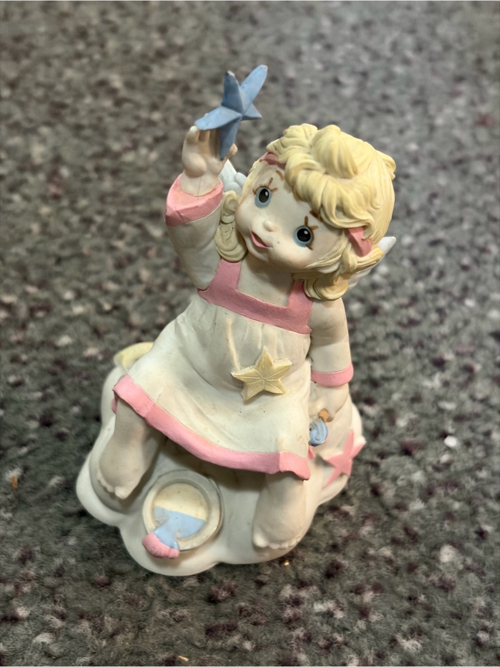 Porcelain little girl angel Figurine with Blue Star and Pink Accents